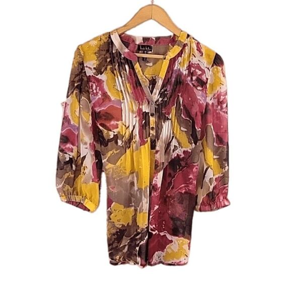 Nicole Miller, Purple/Yellow Sheer Abstract  3/4 Sleeve Top-Size Medium - Picture 1 of 6